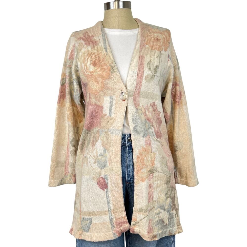 Vintage Gabriella T. Pastel Florals Button Front Cotton Linen Cardigan Sweater M